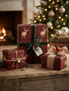 5m Christmas Vintage Red Plaid Reindeer Wrapping Paper Roll, Holiday Gift Box Wrapping Paper, Kraft Texture Plaid Reindeer Pattern Gift Wrapping Material, Christmas Party Handmade Decoration Large Roll Wrapping Paper, Party Table Decoration Handmade DIY Gift Wrapping Large Roll Wrapping Paper - Multicolor - View 3