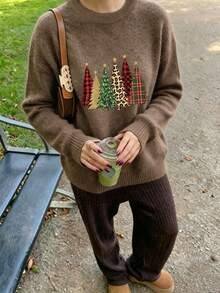 Plus Size Women Christmas Tree Pattern Print Casual Crew Neck Pullover Knit Sweater - Earth Gray - View 2