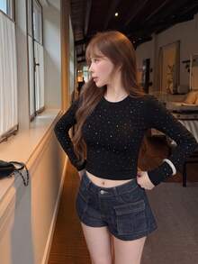 Sexy Hot Girl Fashion Rhinestone Long Sleeve Round Neck T-Shirt Women Autumn Winter Slim Fit Base Layer Top - Black - View 4