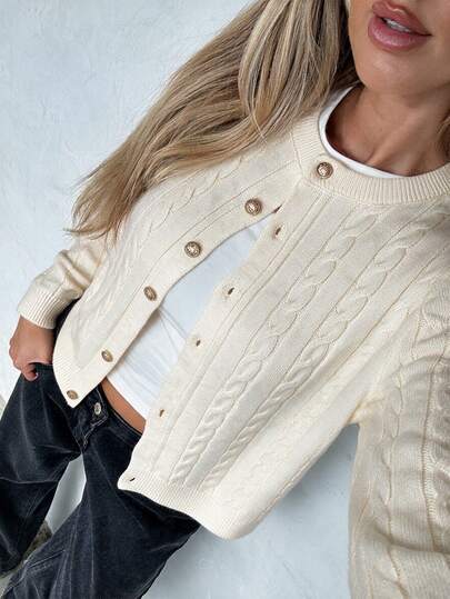 Women's Apricot Gentle Style Crew Neck Jacquard Knit Cardigan, Casual Commuter Simple Versatile Preppy Style Daily Wear For Fall Winter
