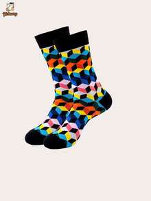 1 Pair Men's Mid-Calf Socks, Colorful Geometric Socks, European And American Street Style, Unisex, Brand Contrast Color Argyle Casual Personalized Socks - Multicolor - View 4