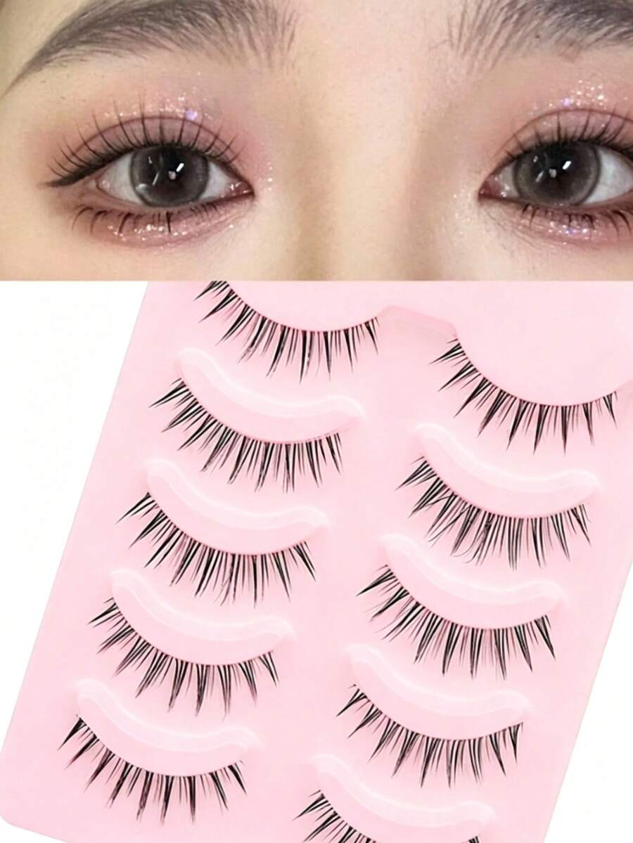 Cartoon False Eyelashes, Natural & Slender, Soft Fiber, Cross-Design, Fine Black Eyelash Band, Comfortable & Non-Irritating; Reusable, Suitable For Daily Makeup, European & American Style - Black - View 1