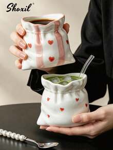 shoxil 1pc 220ml Bag-Design Ceramic Mug, Exquisite Underglaze Striped Ceramic Mug, Lightweight Fashionable Drink Cup, Suitable For Home Tea Break, Coffee Table Display And Indoor Decoration - Multicolor - View 1
