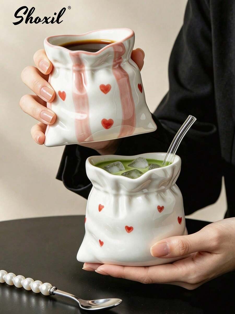 shoxil 1pc 220ml Bag-Design Ceramic Mug, Exquisite Underglaze Striped Ceramic Mug, Lightweight Fashionable Drink Cup, Suitable For Home Tea Break, Coffee Table Display And Indoor Decoration - Multicolor - View 1