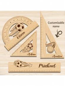 Juego de 4 reglas de madera con tema de fútbol, regla de medición 4 en 1, útiles escolares, papelería, herramientas de aprendizaje, herramientas de dibujo - Ver 1
