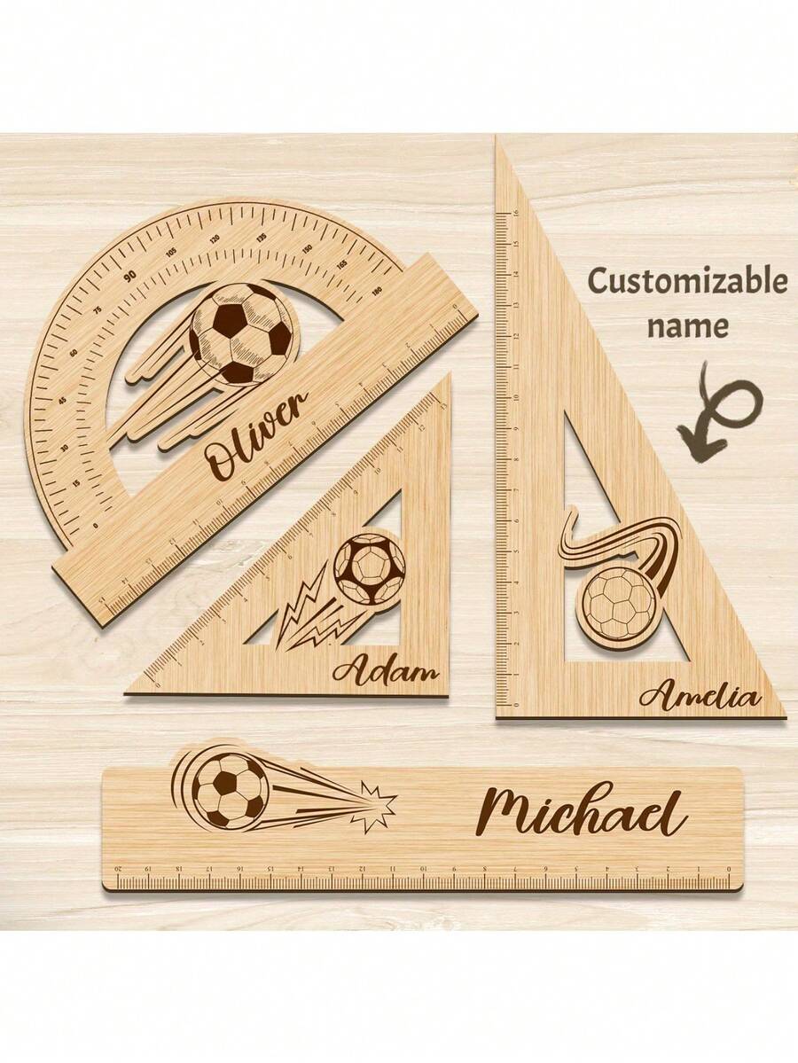 Juego de 4 reglas de madera con tema de fútbol, regla de medición 4 en 1, útiles escolares, papelería, herramientas de aprendizaje, herramientas de dibujo - Ver 1