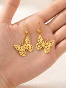 24K Gold Plated Laser Cut Butterfly Pendant Earrings, Rust-Resistant Gold Alternative Delicate Small Textured Metal Jewelry, High-End Jewelry - Butterfly Earrings - View 2