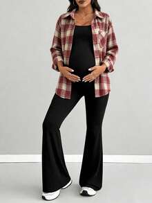 Parara Maternity Women's Plaid Button Long Sleeve Shirt Collar Flannel Top, Suitable For Autumn/Winter, Casual Regular Length Plaid Shirt - Multicolor - View 3
