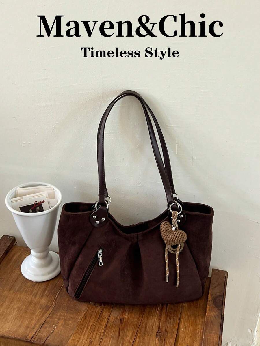 1pc Minimalist Vintage Solid Color Large Capacity Shoulder Bag Casual Lightweight Daily Tote Bag (Without Pendant) - Multicolor - View 1