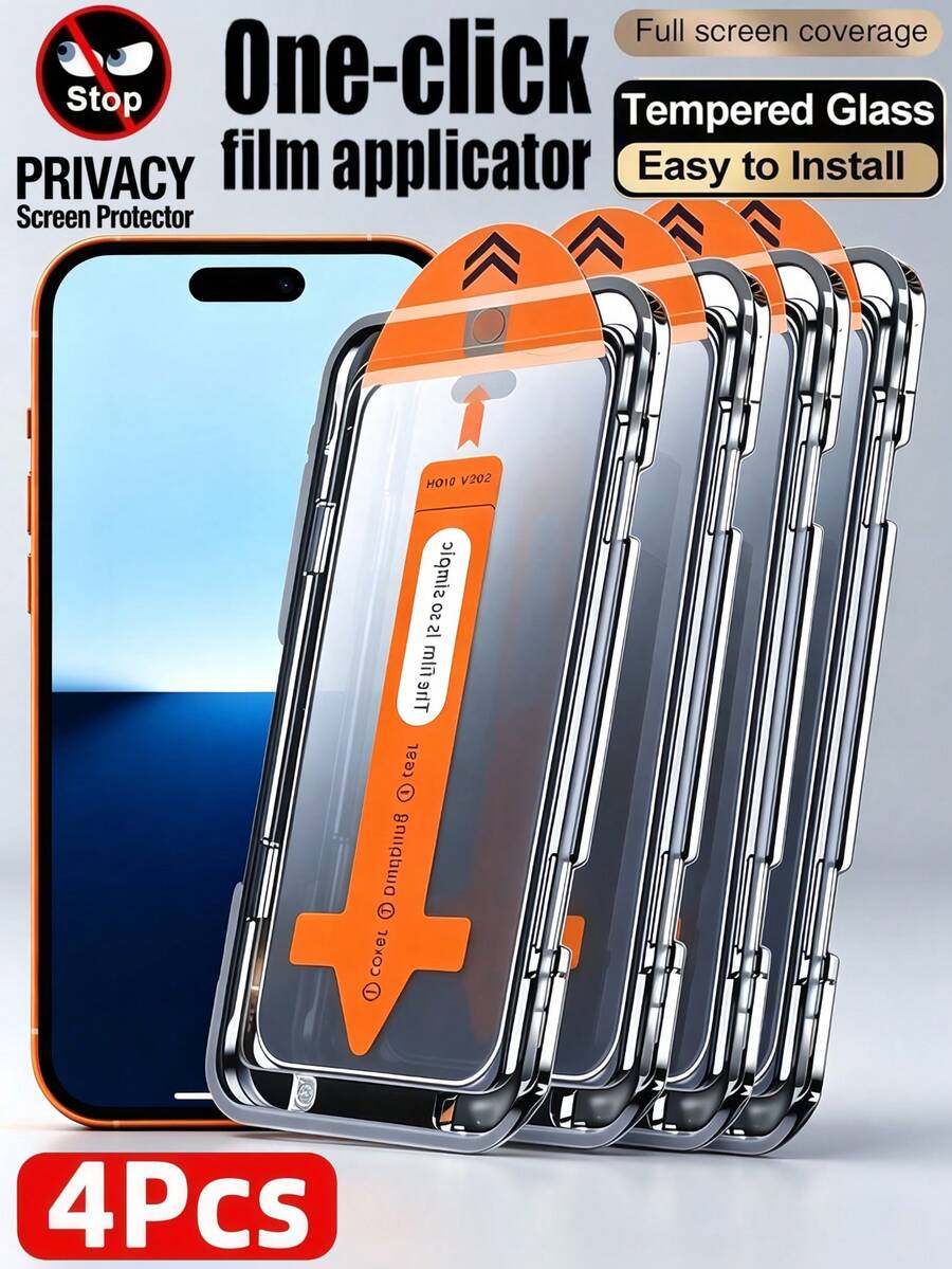 4pcs Anti-Peeping Tempered Glass Screen Protector, One-Click Dust-Free Installation, Dust-Free Chamber Full Coverage Screen Protector, Compatible With IPhone 18 Pro Max 17 16/Compatible With Samsung Galaxy S25 S24 FE A57 A36/Compatible With Xiaomi 17T 15T Poco X6/Note 13 14 4G 5G A7, Explosion-Proof, Scratch-Resistant, Anti-Peeping Privacy Protection, 9H+ High Aluminum Protection Film