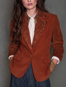 Women's Elegant Fashion Solid Color Pattern Embroidered Detail Lapel Pocket Long Sleeve Jacket, Office Daily Casual Commute Autumn Winter Christmas Halloween Outfit Blazer - Rust Orange - View 3