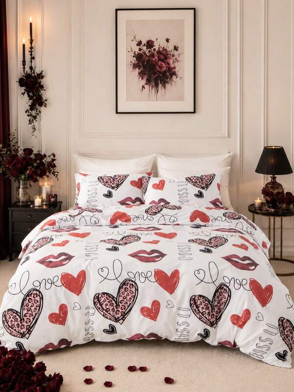 2/3pcs Heart Red Lips Pattern Printing Duvet Cover Set,Soft Breathable Microfiber All Season Bedding, Machine Washable, Fade/Anti-Pilling/Shrink/Wrinkle Resistant, Fits Twin Full Queen King Beds,Elevates Bedroom Chic Vibe, Easy Care, Great Gift