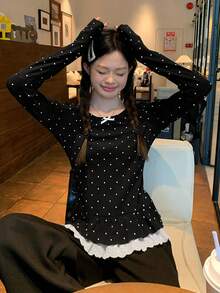 Black Polka Dot Lace Patchwork Long Sleeve T-Shirt With Bow, Slimming Top - Black - View 1