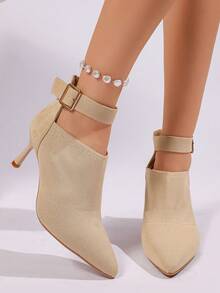 Pointed Toe Ankle Strap Stiletto Booties, Women Solid Suede Mesh Thin Heel Ankle Boots Office Party High Heels - Beige - View 4