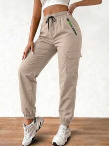 Women's Outdoor Cargo Pants, Lightweight Casual Sports Trousers With Large Pockets For Spring/Summer, Suitable For Outdoor Hiking And Daily Wear, With Zipper Pockets And Drawstring - Apricot - View 5