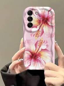 1pc Creamy Big Wave Ins Shockproof Anti-Drop Protective Phone Case, Beautiful Watercolor Hibiscus Flower Pink Gradient Floral Print Wavy Edge Soft TPU Protective Phone Shell, Compatible With Android Devices Anti-Drop Protective Case Compatible With Samsung, Series Phones - White - View 3