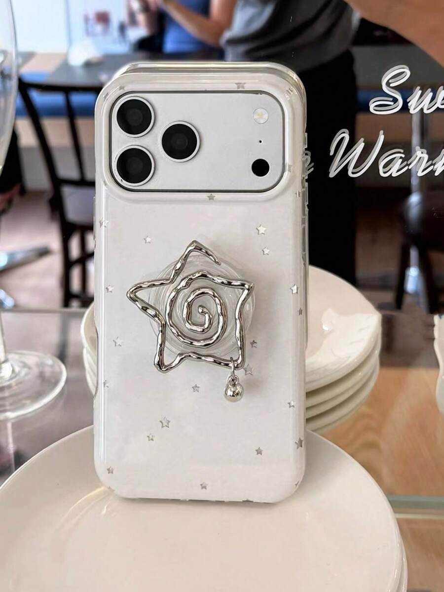 Niche Silver Vortex Star Phone Stand Compatible With Apple 18 Pro Max Phone Case 17 Women's 16 Pro New 17 Pro Max Protective Cover 16 Full Coverage Anti-Drop 15 Korean Style - White - View 1