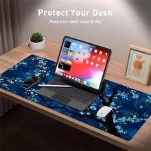 1pc Leather Desk Mat, Mysterious Blue Cherry Blossom Extended Mouse Pad - Large Japanese Night Flower Desktop Pad, For Office And Gaming, Beautiful Desktop Leather Protective Pad, Washable, Non Slip Base, Suitable For Home Office Use - View 3