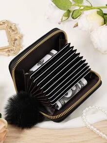 Fashionable Women's Storage Bag, With A Pom-Pom Charm, Credit Card Storage Bag With Multiple Card Slots For Card Storage - Black - View 10