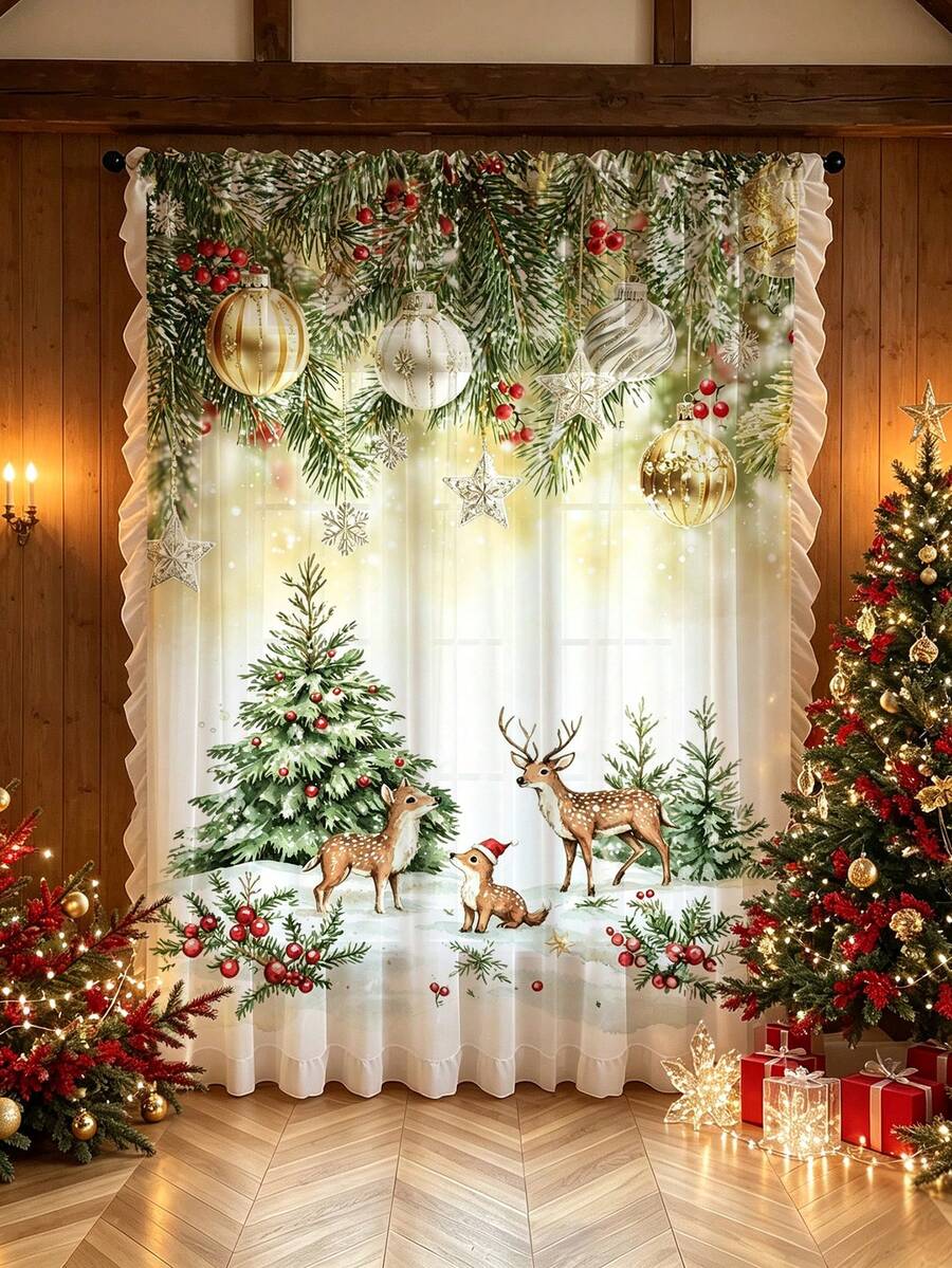 1pc Christmas Atmosphere Decor Christmas Ball, Snowflake, Reindeer, Pine Needle Pattern Rod Pocket Curtain With Tassel And Scalloped Edge, Eyelet Sheer Rod Pocket Curtain, Suitable For Living Room And Bedroom, Door Curtain, Kitchen Curtain, Noise Reduction, Christmas Decor Rod Pocket Curtain - A - View 1