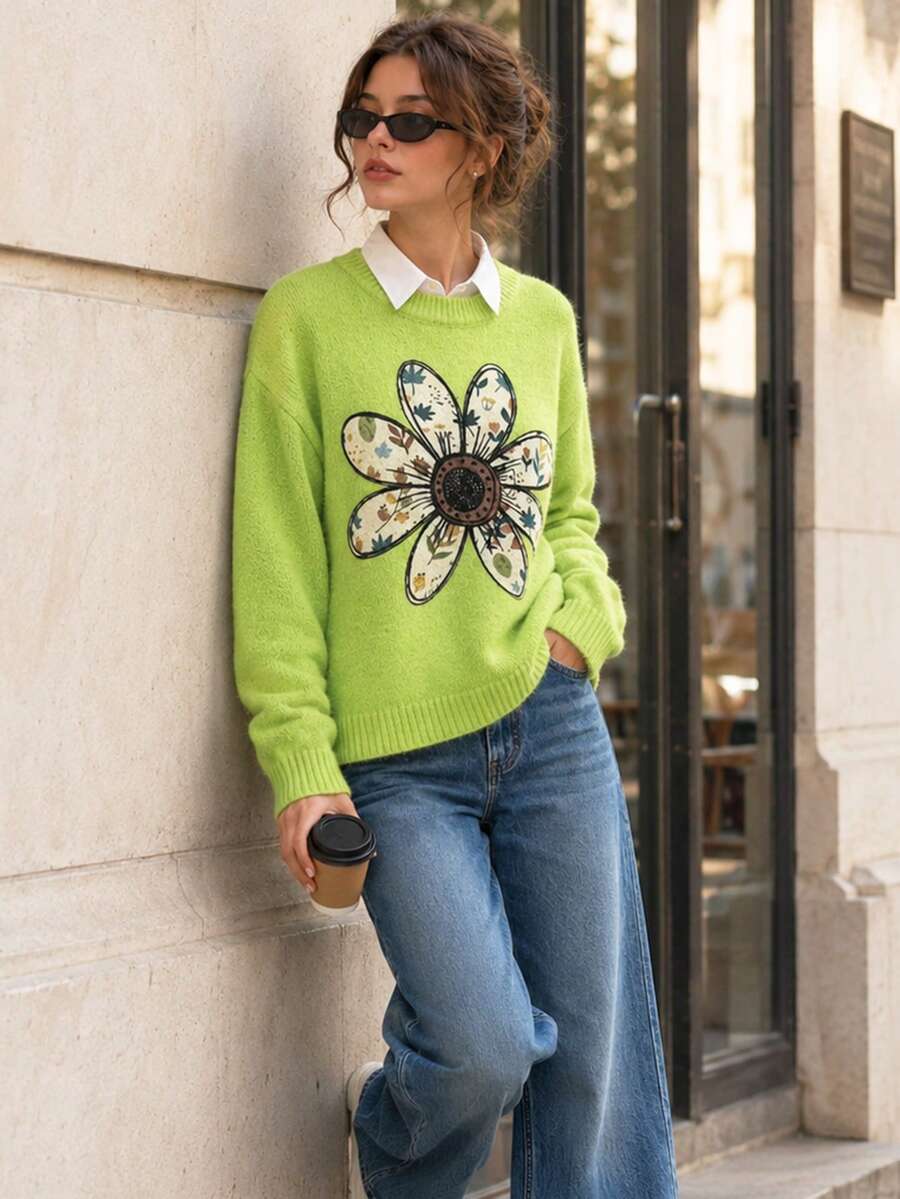 Women's Green Ribbed Knit Polyester Long Sleeve Pullover Sweater, Bright Floral Pattern, Suitable For Autumn/Winter Casual Daily Wear Fall - Green - View 1