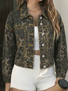 Women's Y2K Denim Jacket, Lapel Long Sleeve Aviator Jacket, Vintage Grunge Style - Leopard - View 5