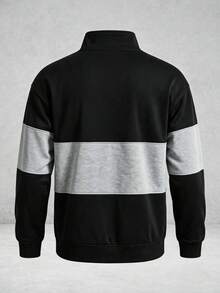 Men's Autumn/Winter Fashion Patchwork Loose Drop Shoulder Zip-Up Turn Collar Sweatshirt, Essential Casual Outfit For Daily Wear - Black - View 3