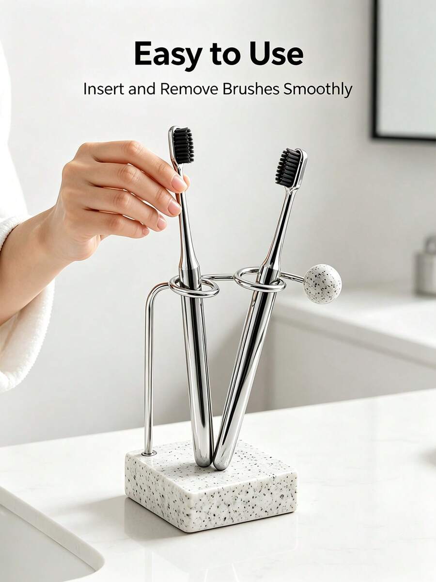 1pc Stainless Steel Toothbrush Holder With Marble Pattern Weighted Base, Toothbrush Storage Rack, Suitable For Toilet, Bathroom And Sink - Multicolor - View 1