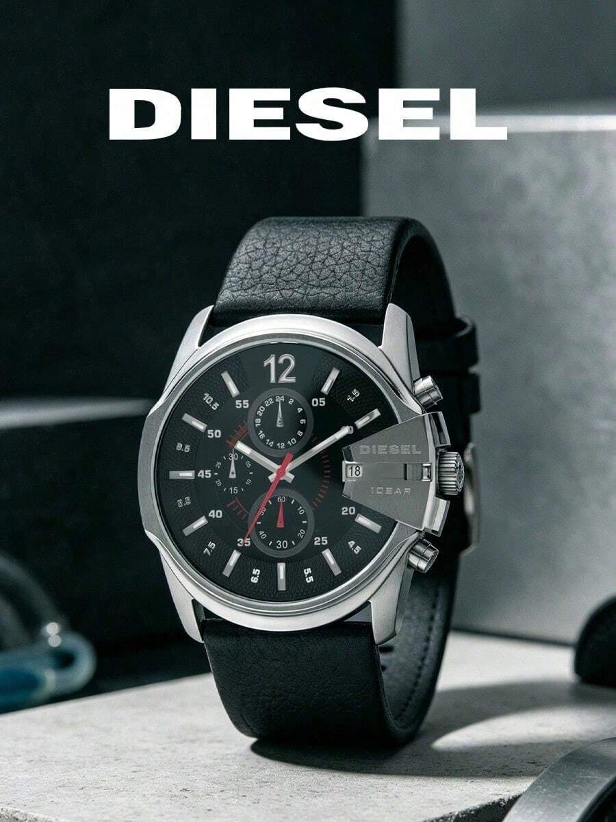 Diesel Men Chronograph Quartz Watch DZ4182, Large Polished‑Silver Housing Black Dial Red Hands & Date, Practical Stylish Timepiece For Gentlemen Gift - Silver - View 1