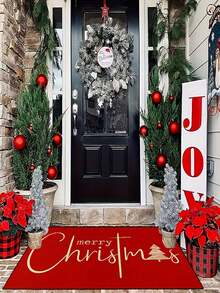 1pc Holiday Red Christmas Door Mat With Gold Tree And "Merry Christmas" Pattern - Non Slip, Machine Washable Indoor And Outdoor Entrance Mat, Suitable For Home Decoration, Holiday Photography Props, And Gifts - A - View 4