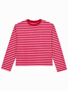 Women's Casual Top, Striped Contrast Ribbed Knit, Everyday Wear, Spring/Autumn - Rose Red - View 5