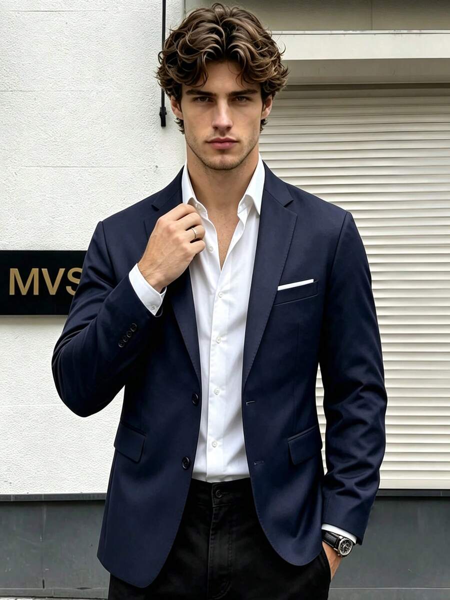 Spring/Autumn Men's Blazer, Casual Lapel Single-Breasted, Suitable For Weddings, Banquets And Business Meetings - Navy Blue - View 1