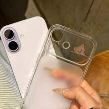 1pc Cartoon Tilted Bear Cute Pattern Large Window New Transparent Full Coverage Anti-Fall TPU Minimalist Phone Case Anti-Fingerprint Protective Cover Suitable For IPhone 11 12 13 14 15 16 17 Pro Max/Plus - Clear - View 3