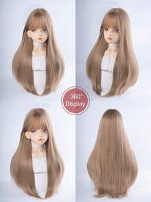 alicegarden 32-Inch Long Synthetic Wig Featuring A Natural Straight Style A Stunning Khaki. Designed With Bangs , This False Hairpiece Is Perfect For Ms Daily Party Cosplay Use, Offering A Natural And Natural Durable Wig Gift For Ladies. - Khaki - View 8