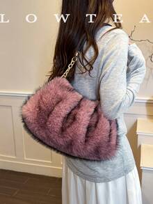 low tea 1pc Fashion Cloud Pleated Plush Fabric Shoulder Bag, Suitable For Commuting, Shopping, Etc. - Pink - View 9