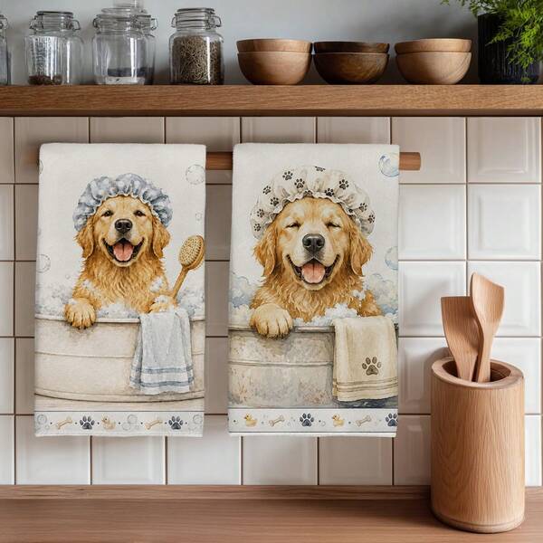 2 PIEZAS Toalla de cocina, Toalla de cocina con patrón de Golden Retriever bañándose, Toalla de cocina rectangular de microfibra absorbente de 40*60cm, Perfecta para uso en cocina, comedor y baño, Decoración de cocina, Decoración del hogar, Regalo de inauguración de casa para vecinos, Paño de cocina