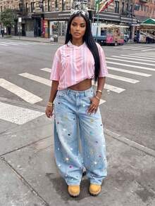 Pearl Decor Low Waist Wide Leg Casual Blue Jeans With Slant Pockets For Women Spring Fall - Blue - View 2