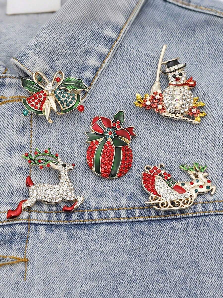 1/5 Pcs Of Diamond-Studded Christmas Brooches - Creative Flower Pins - Red Apple, Snowman, Bell, Moose Cartoon - Ladies' Brooches - Christmas Gift - Multicolor - View 1