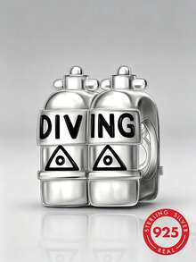 1pc S925 Sterling Silver 3D Diving Oxygen Tank Hollow Bead With Black Epoxy DIVING Engraving, Large Hole Silver Bead Accessory For Outdoor Diving Enthusiasts DIY Bracelet - Silver - View 1