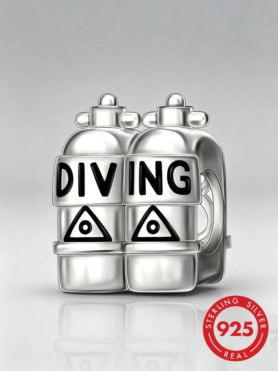 1pc S925 Sterling Silver 3D Diving Oxygen Tank Hollow Bead With Black Epoxy DIVING Engraving, Large Hole Silver Bead Accessory For Outdoor Diving Enthusiasts DIY Bracelet - Silver - View 1