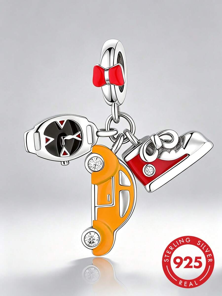 1pc S925 Sterling Silver Red Bowknot Hollow Pendant With Resin Car, Sports Shoe, Helmet Multi-Charm Zirconia Inlaid Kids DIY Bracelet Large Hole Bead Accessory - Silver - View 1