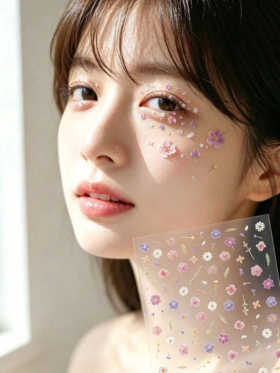 1pc Soft Atmosphere Pink & Purple Floral Face Decoration Sticker, Light-Toned Pink & Purple White Flowers With Delicate Petals, Glue-Free Face Makeup Accessory For Party, Performance, Photography And Facial Styling - Multicolor - View 1