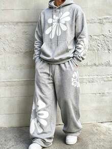 HEYKESON Men's Floral Print Hoodie & Wide Leg Sweatpants 2 Pieces Loose Fit Sports Set - Light Grey - View 2