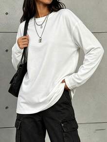 Women's Solid Color Round Neck Long Sleeve T-Shirt, Casual Autumn Regular Fit Top - White - View 7