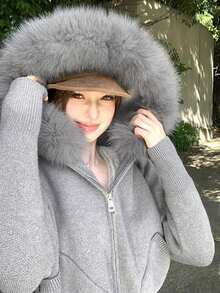 Women's Solid Color Hooded Knit Cardigan Sweater With Detachable Fur Collar, Autumn - Grey - View 5