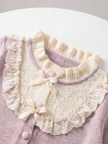 Infant Ins Gentle Taro Purple Knitted Romper, Hollow Lace Ruffle Edge Double Bow Long Sleeve Jumpsuit - Mauve Purple - View 4