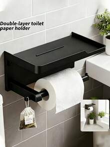 No-Drill Toilet Paper Holder With Hook, Self-Adhesive Wall-Mounted Toilet Paper Rack, Bathroom Storage Rack, Towel And Tissue Paper Holder, Rust-Proof Storage Rack - Multicolor - View 4