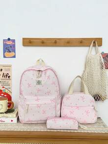 3-Piece Set - Girls' School Style Bow Pattern Backpack Combination, Large Capacity Nylon School Daily Bag, Campus Backpack, Matching Lunch Bag And Pencil Case, Multi-Layer Storage Casual Backpack Set, Travel Backpack Set, Suitable For Girls, Students, Children, Ideal For Back To School, Daily Commute, Shopping, Short Trips And Outdoor Leisure Travel - 2327 - View 15