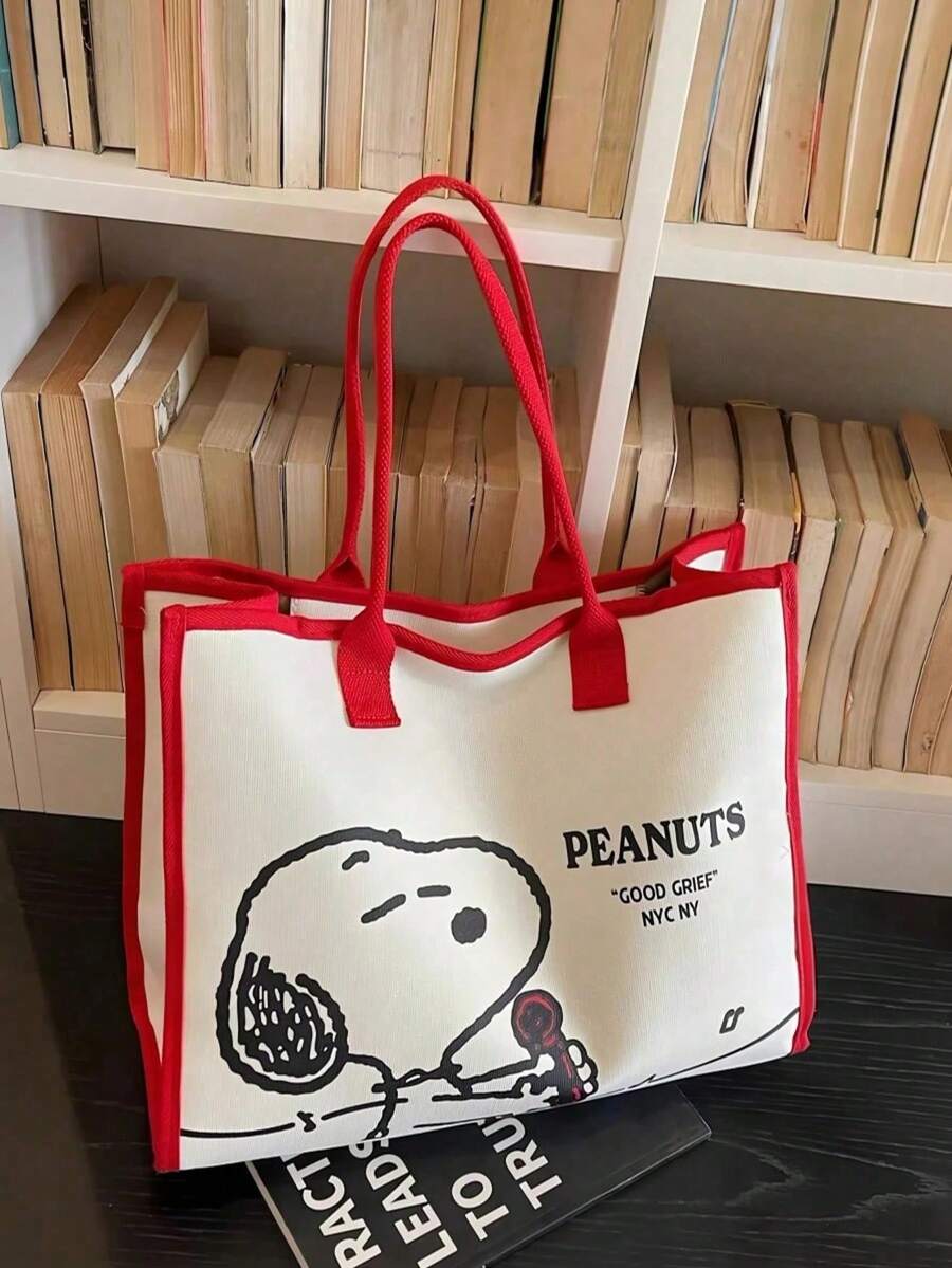 SNOOPY 1pc Cute Peanuts Cartoon Pattern Canvas Tote Bag, Large Capacity, Suitable For Work And Daily Outings, Perfect Gift - A - View 1