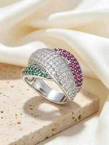 Eterna Glow 1 buah Cincin Mewah Bertatahkan Zirkonia Kubik Merah & Hijau untuk Wanita, Cincin Fashion Warna Perak, Geometri untuk Pemakaian Sehari-hari, Pesta, Pernikahan, Perhiasan Ulang Tahun - cincin - View 9